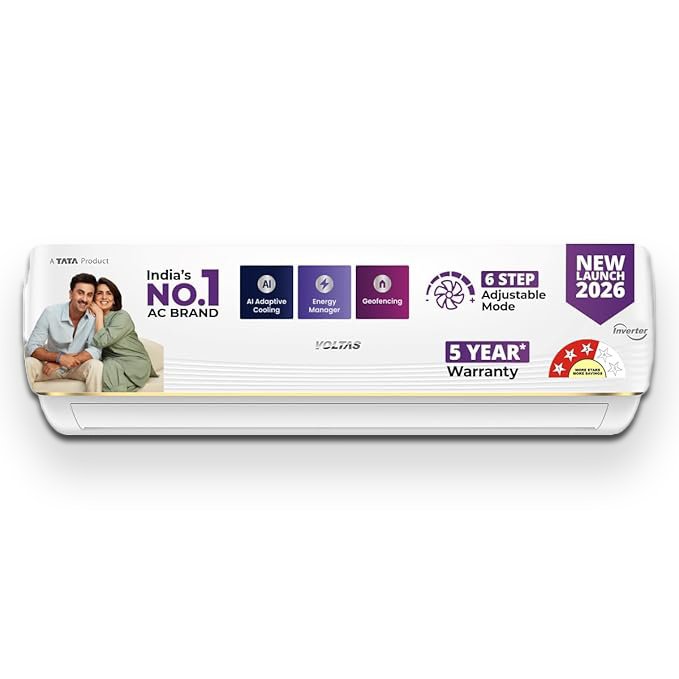 Voltas 1.5 ton 3 Star, New star rated, Inverter Split AC (Copper, Convertible 6-in-1 cooling modes, Ai Enabled, 4-way Swing, Sleep Mode, Auto Clean (183INV VERTIS AI ZEST GOLD, White)